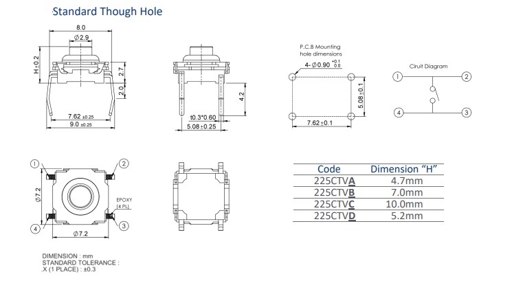 Mechanical Drawing - CTS Electronic Components 225C Tactile Switches